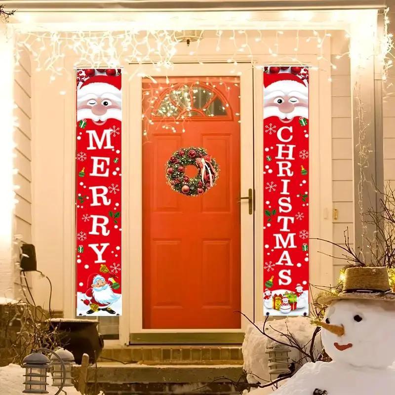 Christmas Door Banner, 1 Pair Merry Christmas Door Hanging Banner, Outdoor Door Decoration for Home, Office, Garden and Yard