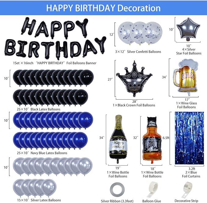 Blue and Black Happy Birthday Decorations for Men, Birthday Decorations with Banner, Fringe Curtains, Beer Crown Foil Balloons