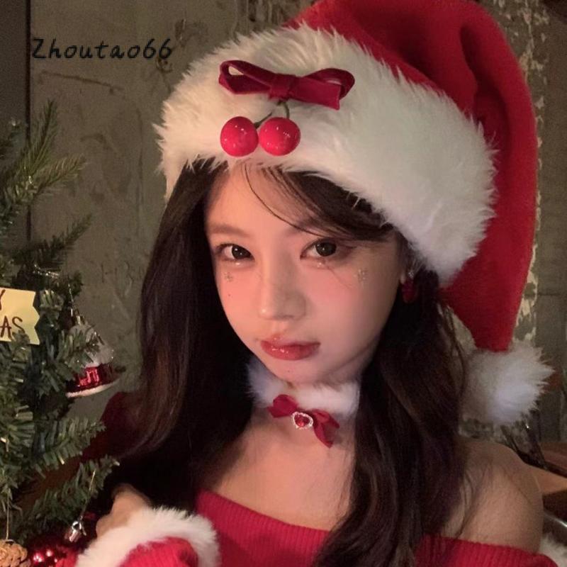 Plush Christmas Hats for Adults Cute Bow Cherry Santa Claus Hat Comfortable Holiday Cap