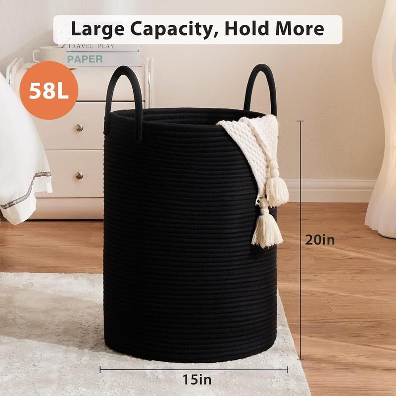 Woven Rope Laundry Basket, 58L Tall Laundry Hamper for Blanket Storage, Large Baby Nursery Basket for Laundry, Decorative Clothes Hamper for Bedroom, Living Room and Bathroom, Black