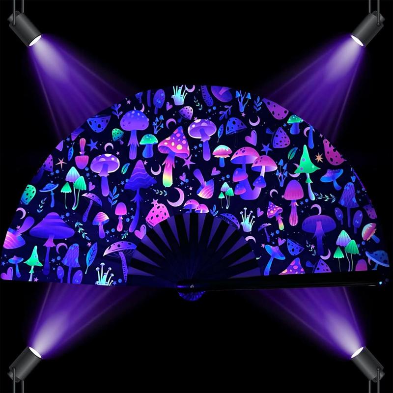 UV Glow Large Rave Folding Hand Fan for Men Women, Rave Essentials, Decorative Folding Hand Fan for Party, Home Decoration, Gift, Music Festival Essential, EDM Rave Accessories (Mushrooms)