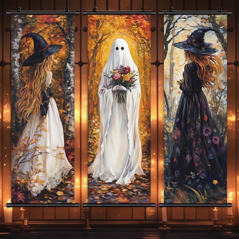 Cartoon Themed Hanging Banner, 3 Counts set Ghost Witch Pattern Wall Decor, Wall Art for Home Living Room Bedroom Yard