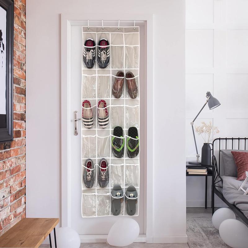 Over-the-door shoe organizer with 24 clear pockets, measures 64 inches by 19 inches, in gray color.