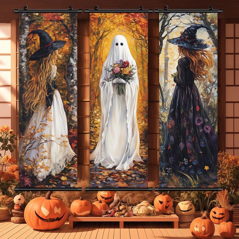 Cartoon Themed Hanging Banner, 3 Counts set Ghost Witch Pattern Wall Decor, Wall Art for Home Living Room Bedroom Yard