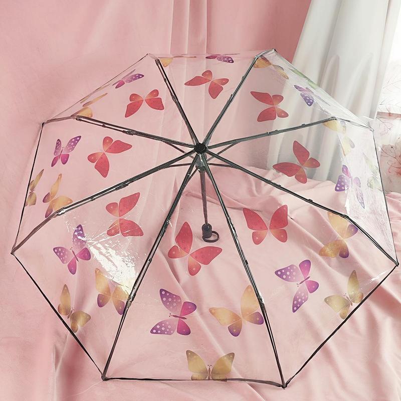 Butterfly Pattern Umbrella, 1 Count Transparent Automatic manual Triple Fold Umbrella, Suitable for Outdoor Photography & Street Photography