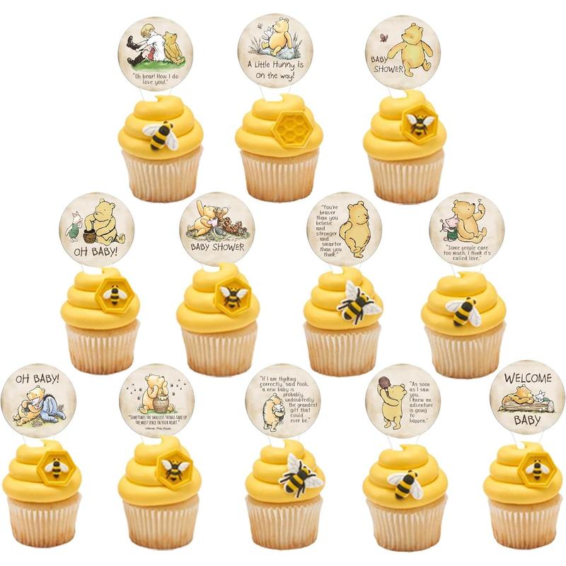 48Pcs Bear Themed Cupcake Toppers,Classic Winnie Stuff for Baby Shower First Birthday Party Decorations Ornaments