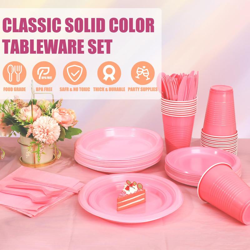 KesaPlan 212PCS Pink Disposable Dinnerware Set, Party Supplies, Including 30 of Pink Plastic Plates, 12 oz Pink Cups, Pink Utensils and Napkins, 2 Table Covers, Serve 30 Guests for Birthday Wedding