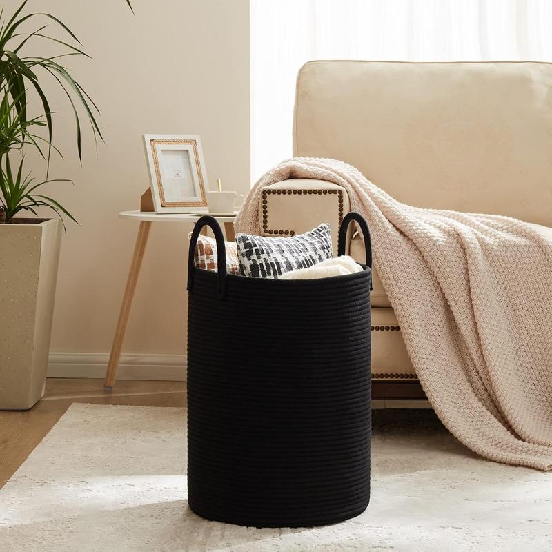 Woven Rope Laundry Basket, 58L Tall Laundry Hamper for Blanket Storage, Large Baby Nursery Basket for Laundry, Decorative Clothes Hamper for Bedroom, Living Room and Bathroom, Black