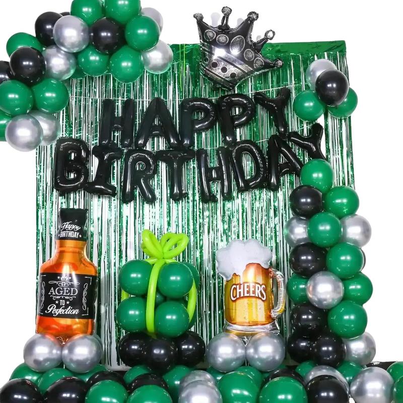 Green Birthday Decorations for Men Boys, Green and Black Party Decorations Women Girls with Green Balloons Arch Garland Kit Happy Birthday Banner Fringe Curtains, Green Bady Party Supplies Outdoors Backdrop