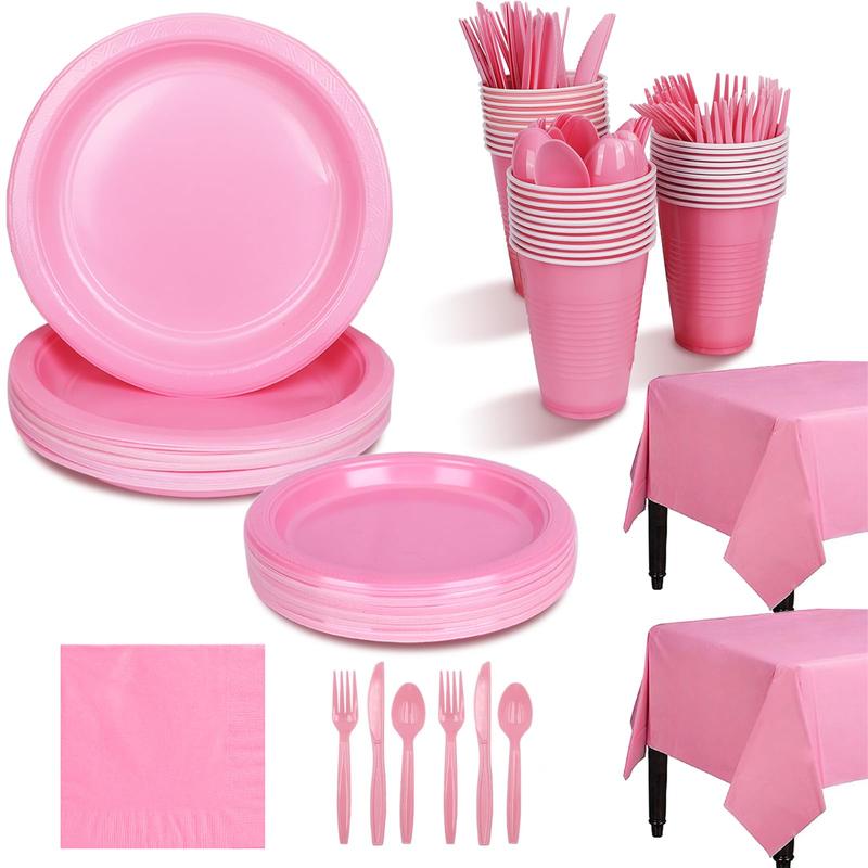 KesaPlan 212PCS Pink Disposable Dinnerware Set, Party Supplies, Including 30 of Pink Plastic Plates, 12 oz Pink Cups, Pink Utensils and Napkins, 2 Table Covers, Serve 30 Guests for Birthday Wedding