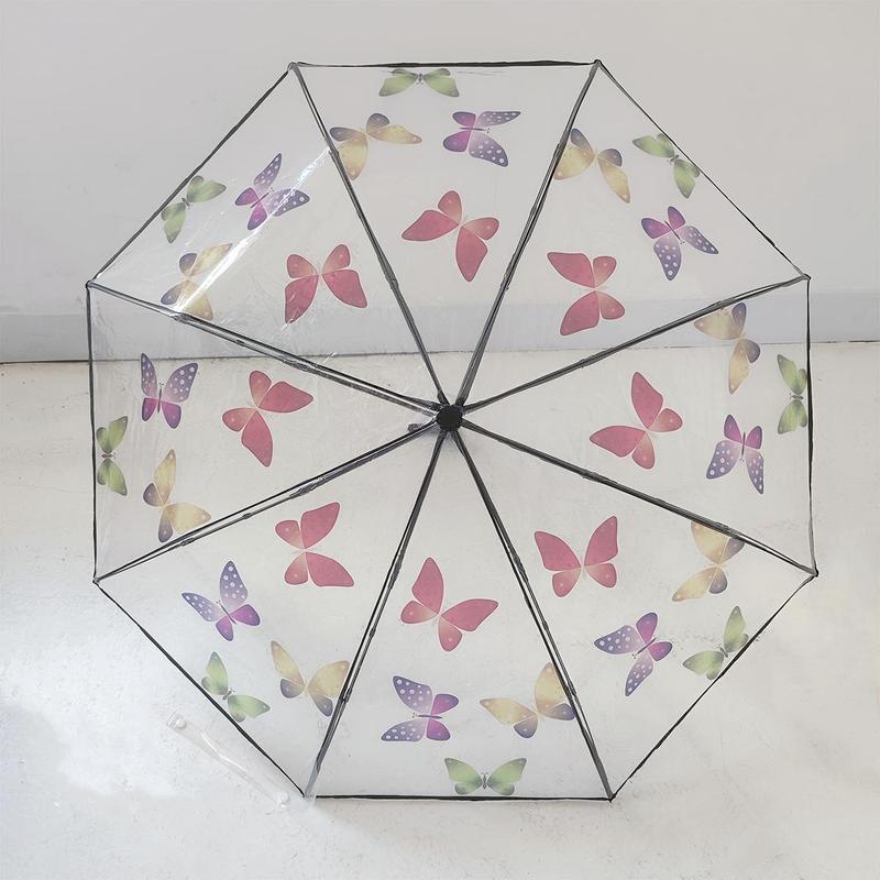 Butterfly Pattern Umbrella, 1 Count Transparent Automatic manual Triple Fold Umbrella, Suitable for Outdoor Photography & Street Photography