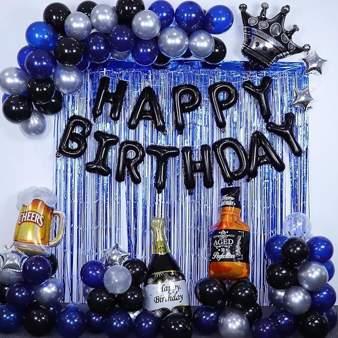 Blue and Black Happy Birthday Decorations for Men, Birthday Decorations with Banner, Fringe Curtains, Beer Crown Foil Balloons