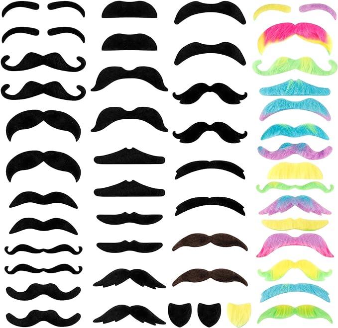 Fake Mustache 48 Pack, Fake Beard Colorful Fake Beard Self Adhesive Fake Mustaches Pirate Accessories Halloween Festival Party