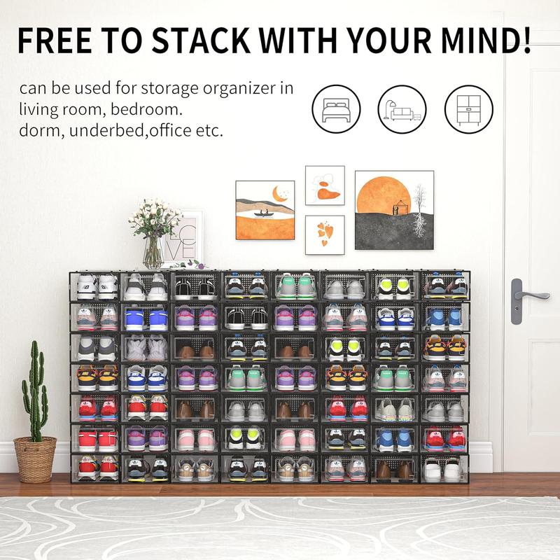 12 Pack Shoe Storage Bins, Clear Plastic Stackable Shoe Organizer for Closet, Space Saving Foldable Shoe Rack, Shoe Box Sneaker Holder Container, Black Frame Laundry Room