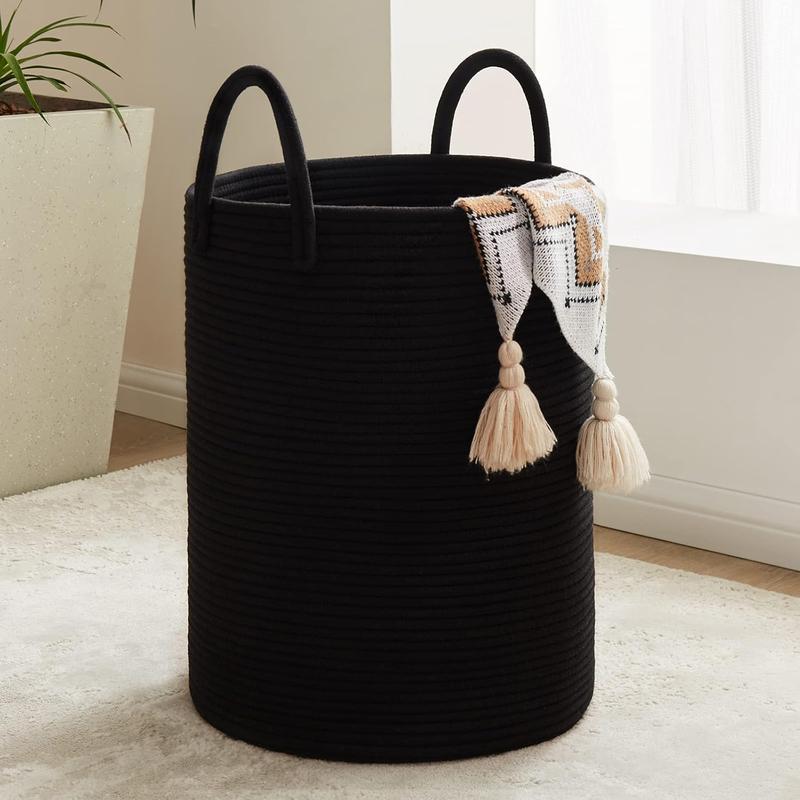 Woven Rope Laundry Basket, 58L Tall Laundry Hamper for Blanket Storage, Large Baby Nursery Basket for Laundry, Decorative Clothes Hamper for Bedroom, Living Room and Bathroom, Black