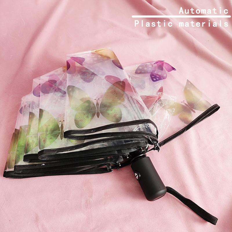 Butterfly Pattern Umbrella, 1 Count Transparent Automatic manual Triple Fold Umbrella, Suitable for Outdoor Photography & Street Photography