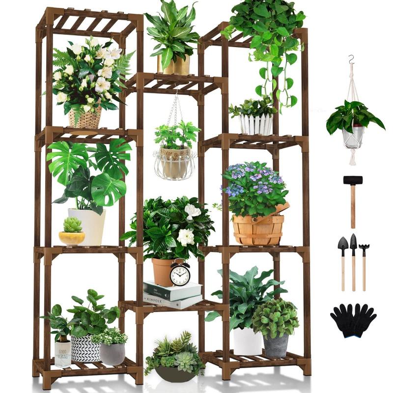 Plant Stand Indoor Outdoor, Tall Plant Shelf for Multiple Plants, 10 Tiers 11 Pot Large Plant Rack Wood Plant Holder Plant Shelves for Room Corner Balcony Garden Patio