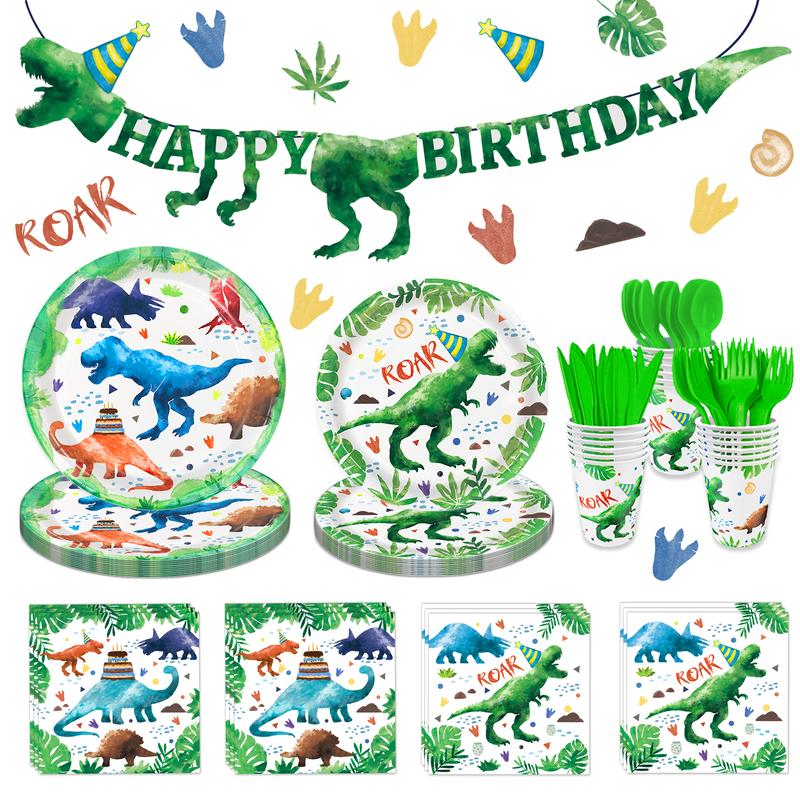 169 Pcs Watercolor Dinosaur Party Supplies Dinosaur Theme Birthday Party Decoration Includes Banner Plates Cups Napkins Knives Forks Spoons Tableware for Boys Birthday, Serves 24 Guests