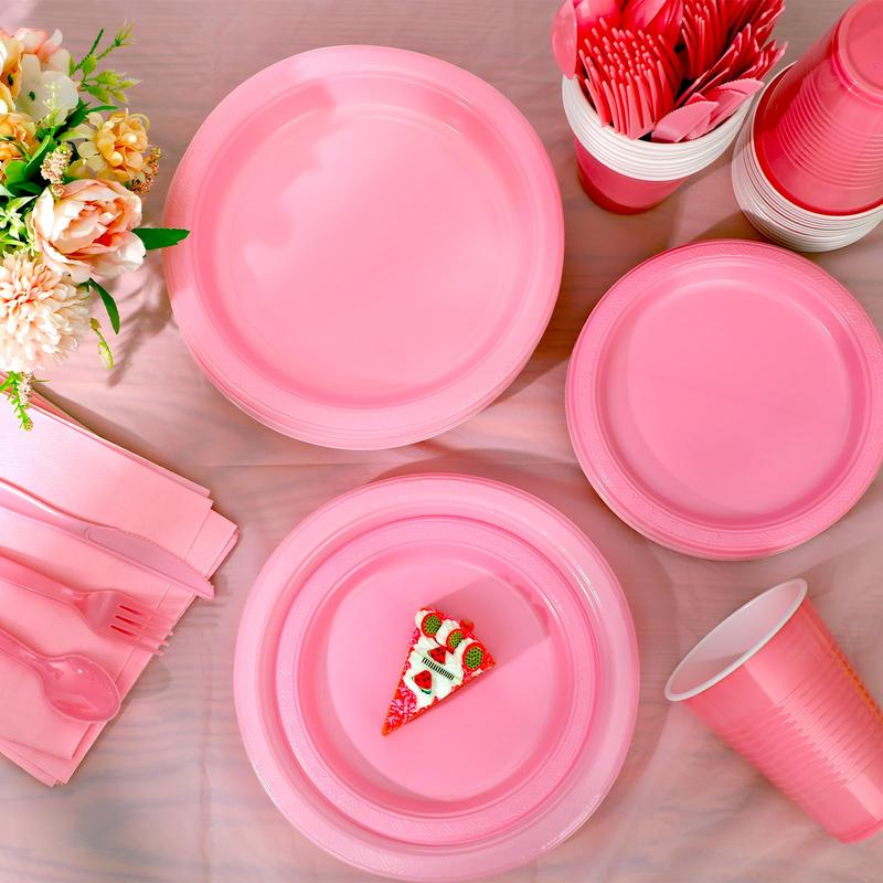 KesaPlan 212PCS Pink Disposable Dinnerware Set, Party Supplies, Including 30 of Pink Plastic Plates, 12 oz Pink Cups, Pink Utensils and Napkins, 2 Table Covers, Serve 30 Guests for Birthday Wedding