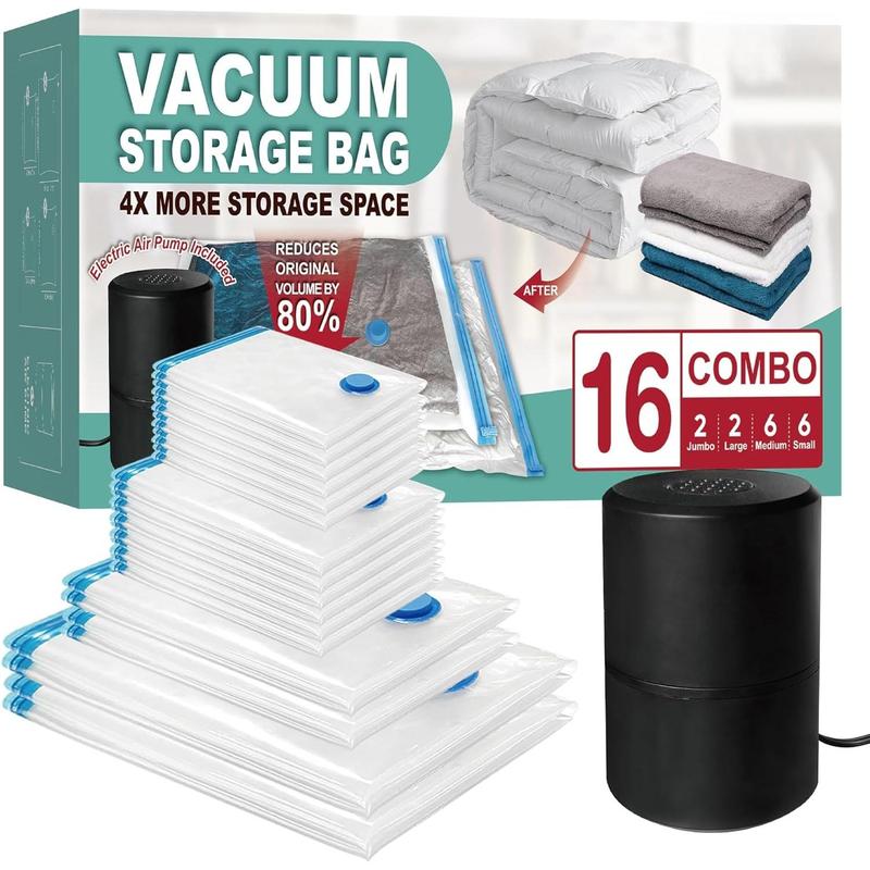 Vacuum Storage Bags with Electric Pump, 16 Combo (2Large 2Jumbo 6Medium 6Small) Space Saver Bags Vacuum Seal Bags with Pump, Space Bags, Vacuum Sealer Bags for Clothes, Comforters, Blankets, Bedding