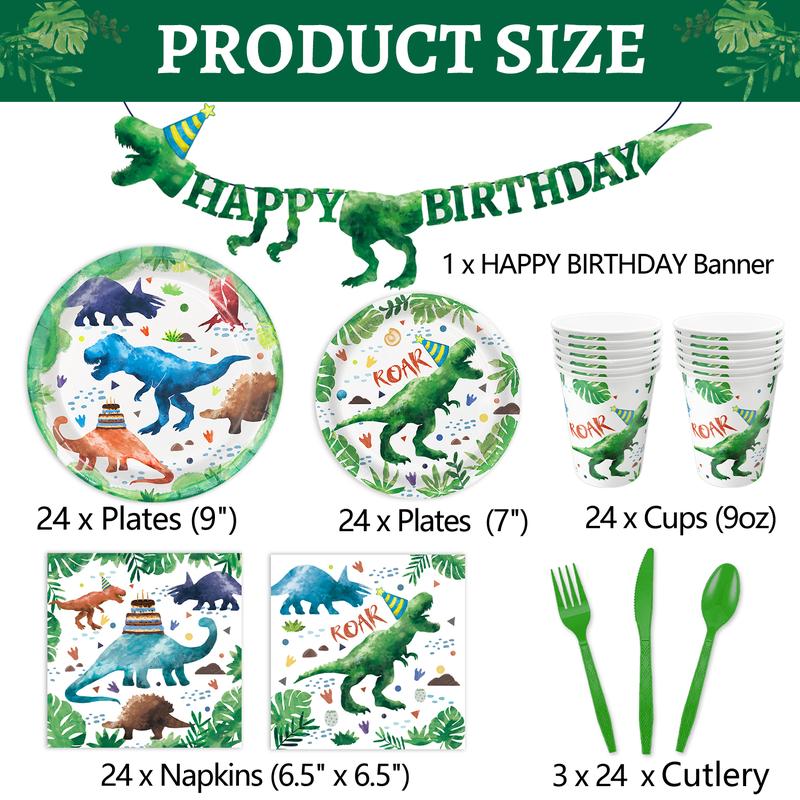 169 Pcs Watercolor Dinosaur Party Supplies Dinosaur Theme Birthday Party Decoration Includes Banner Plates Cups Napkins Knives Forks Spoons Tableware for Boys Birthday, Serves 24 Guests