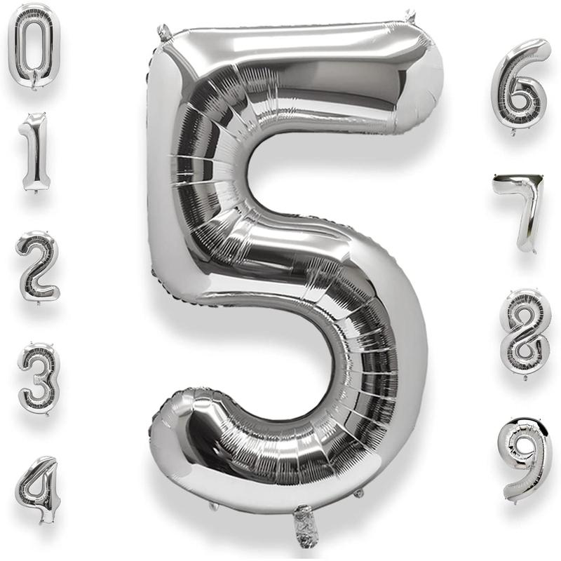 40 Inch Big Silver 5 Balloon Number Large Foil Number Balloons 0-9 Jumbo Giant Happy Birthday Party Decorations Huge Mylar Anniversary Party Supplies