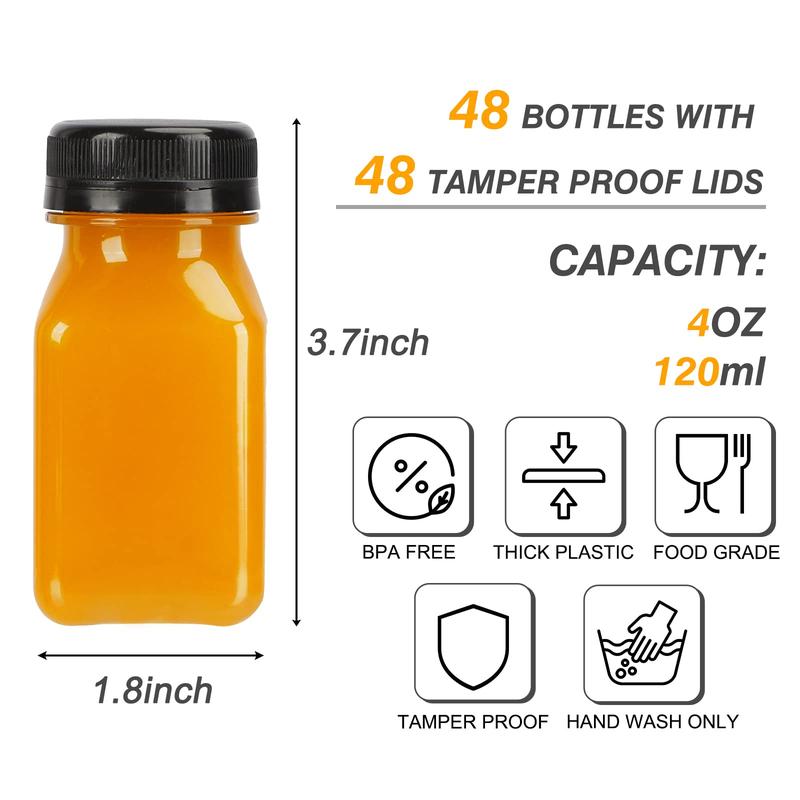 48pcs Juice Bottles, 4oz Plastic Bottles with Caps, 4oz Plastic Containers with Lids Empty Reusable Clear Bottles with Label, Funnel and Brush Beverage for Juicing, Smoothies, Drinking, Fridge