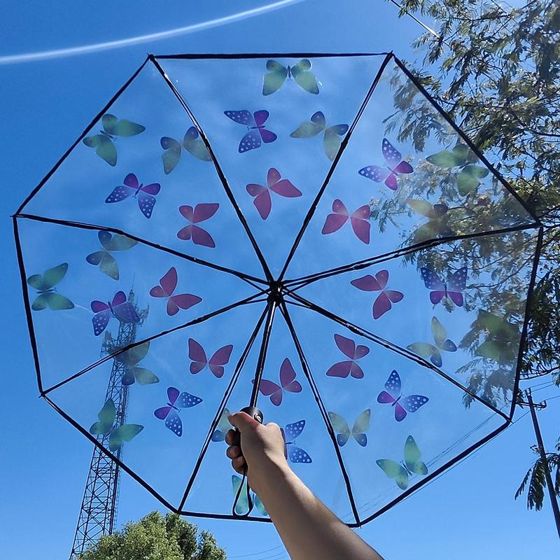 Butterfly Pattern Umbrella, 1 Count Transparent Automatic manual Triple Fold Umbrella, Suitable for Outdoor Photography & Street Photography