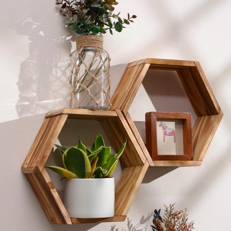 Hexagon Shaped Wooden Hanging Shelf, Room Decor Wall Mounted Floating Rack,  Wall Organizer Shelf, Wall Decor for Home Living Room Bedroom