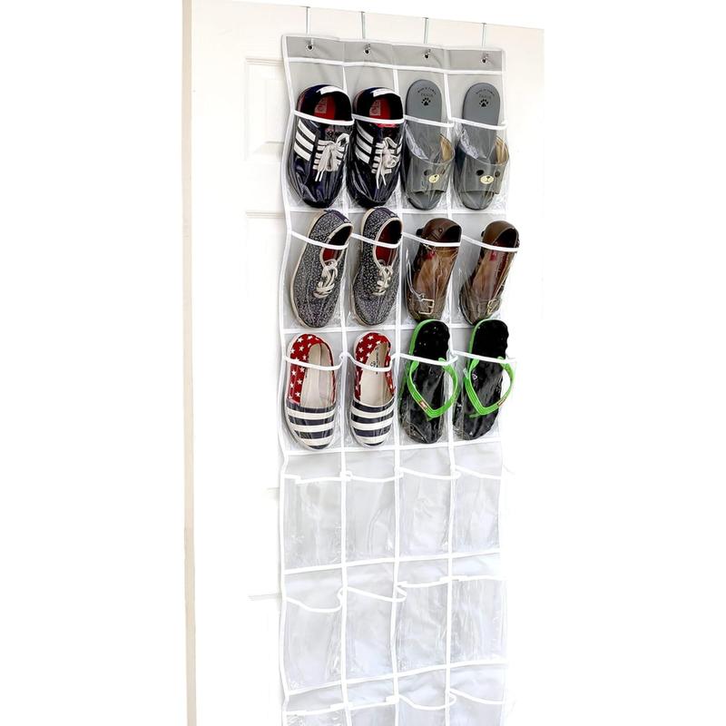 Over-the-door shoe organizer with 24 clear pockets, measures 64 inches by 19 inches, in gray color.