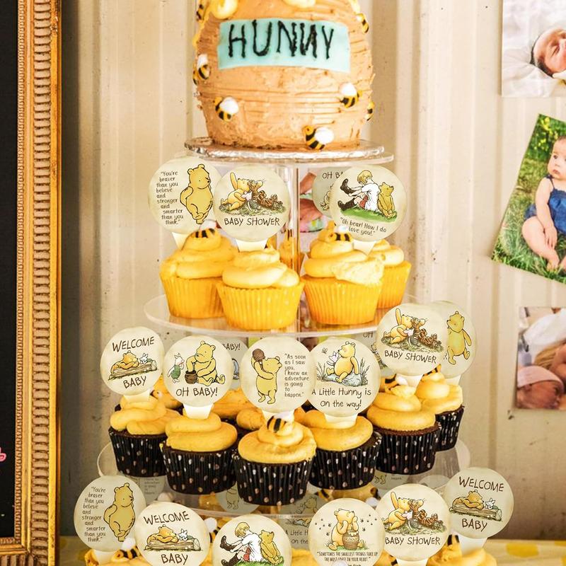 48Pcs Bear Themed Cupcake Toppers,Classic Winnie Stuff for Baby Shower First Birthday Party Decorations Ornaments