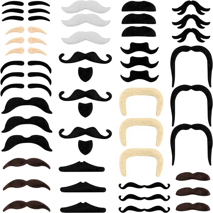 Fake Mustache 48 Pack, Fake Beard Colorful Fake Beard Self Adhesive Fake Mustaches Pirate Accessories Halloween Festival Party