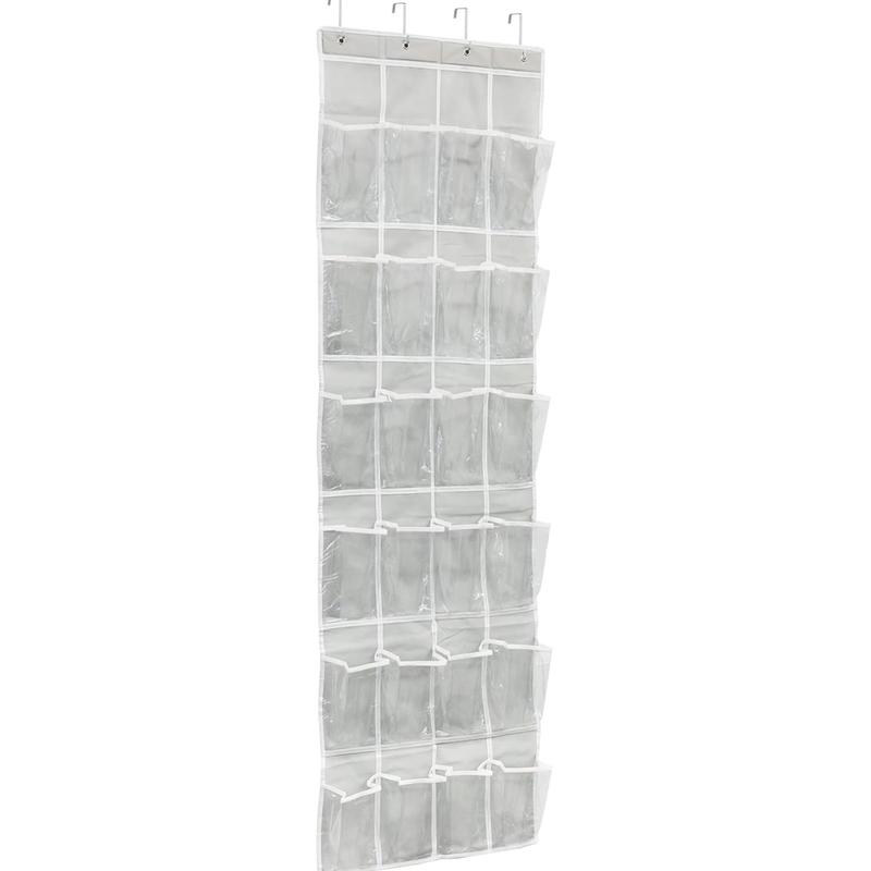 Over-the-door shoe organizer with 24 clear pockets, measures 64 inches by 19 inches, in gray color.