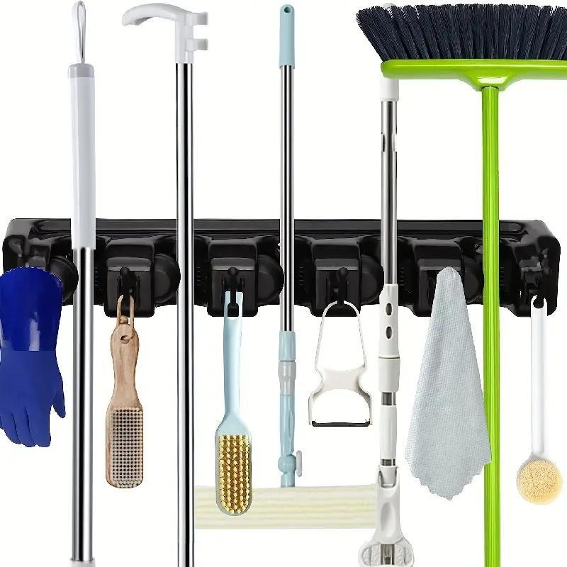 Wall Mounted Mop & Broom Holder, 1 Count Multifunctional Mop & Broom Storage Rack with Hooks, Household Cleaning Tool Organizer for Home Bathroom