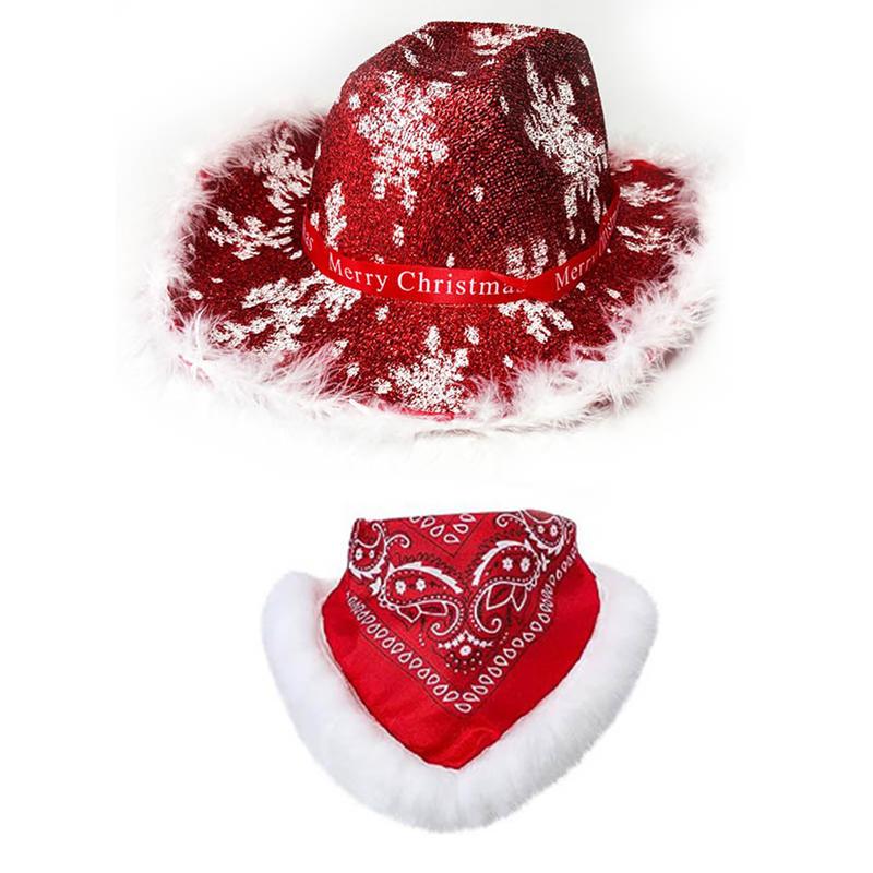 Adults Christmas Cowboy Hat and Scarf Red Santa Wide Brim Hat Holiday Party Costume Accessories