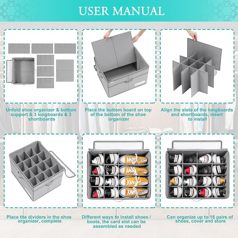Shoe Organizer for Closet, Fits 16 Pairs, Large Shoe Box Storage Containers, Clear Foldable Shoe Storage Bins w Bottom Support, Space Saving Shoes Holder w Reinforced Handles