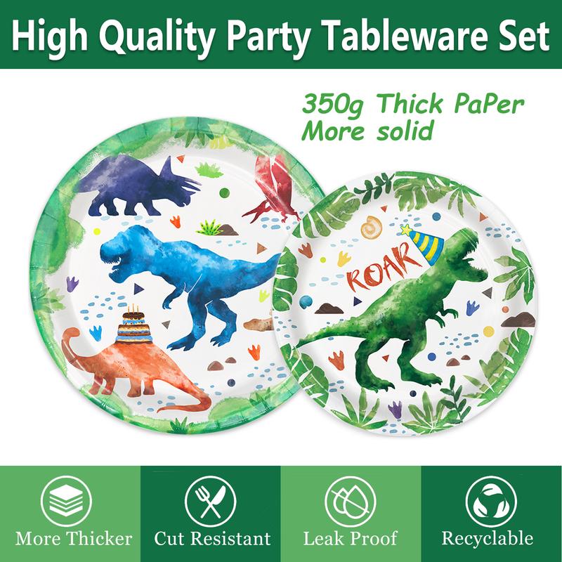 169 Pcs Watercolor Dinosaur Party Supplies Dinosaur Theme Birthday Party Decoration Includes Banner Plates Cups Napkins Knives Forks Spoons Tableware for Boys Birthday, Serves 24 Guests