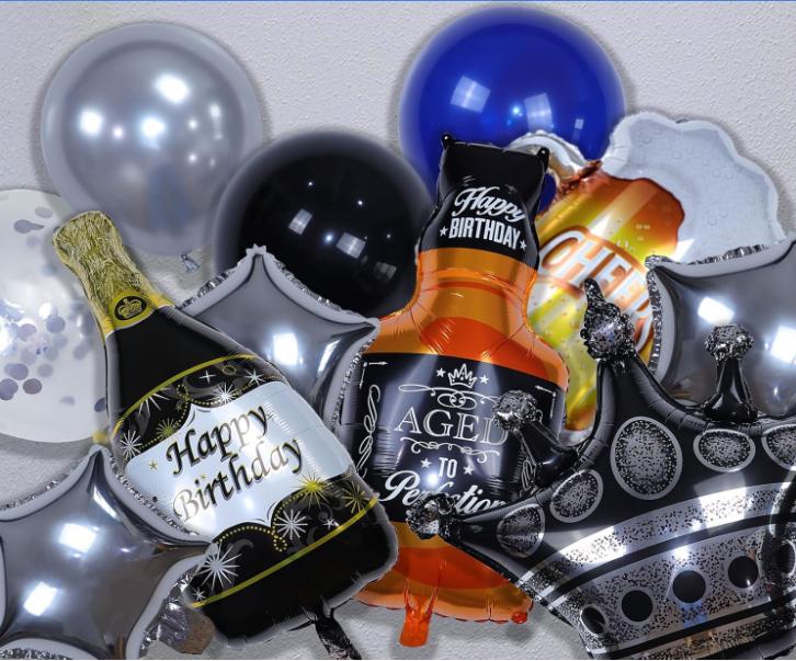 Blue and Black Happy Birthday Decorations for Men, Birthday Decorations with Banner, Fringe Curtains, Beer Crown Foil Balloons