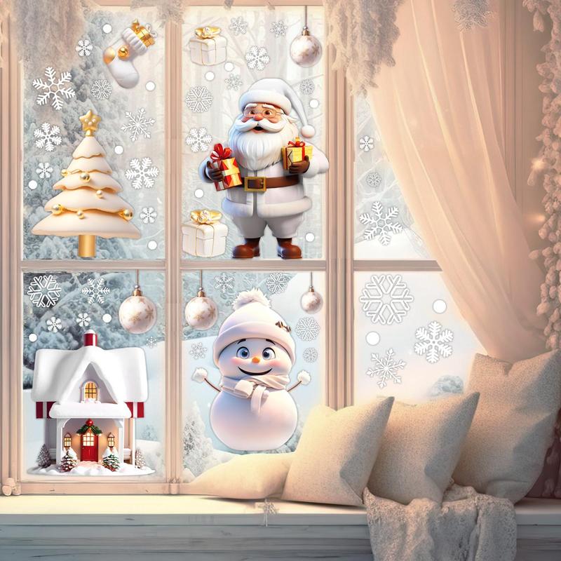 3D Christmas Window Sticker, 1 Set Snowman & Santa Claus & Reindeer & Snowflake Pattern Static Cling Window Decal, Holiday Decoration Supplies for Home Party School