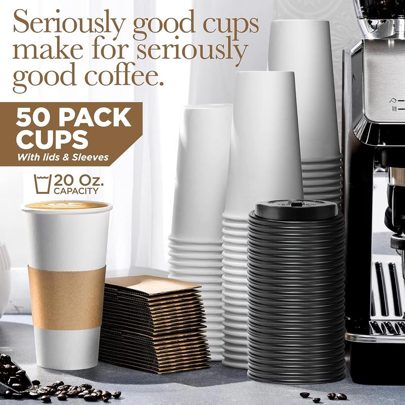 Disposable Coffee Cups with Lids and Sleeves for Insulation (50 Pack) - To Go Paper White Coffee Cups for Travel, Hot Beverage Cups for Coffee, Tea, Hot Chocolate for Winter