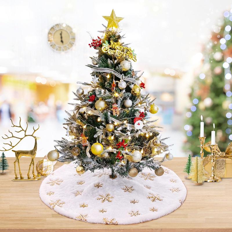 Small Tree Skirt 24 36 48 Inches Christmas White Faux Fur Tree Skirts 4ft Mini Gold Sequin Snowflakes Ornaments Decor