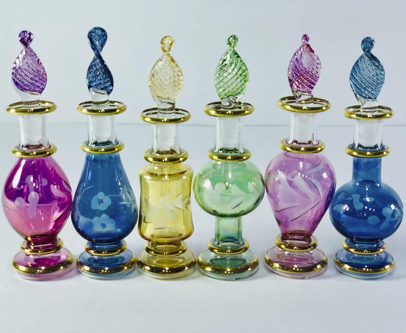 Set of 6 Handmade Egyptian Glass Perfume Bottles, 5 cm Miniatures with Gold Detailing