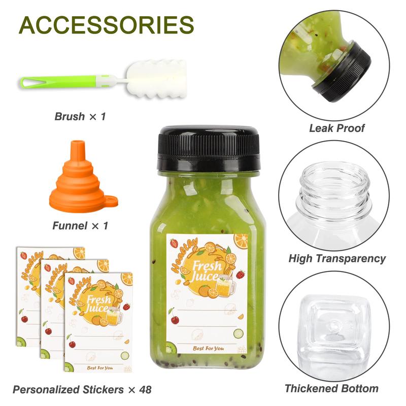 48pcs Juice Bottles, 4oz Plastic Bottles with Caps, 4oz Plastic Containers with Lids Empty Reusable Clear Bottles with Label, Funnel and Brush Beverage for Juicing, Smoothies, Drinking, Fridge