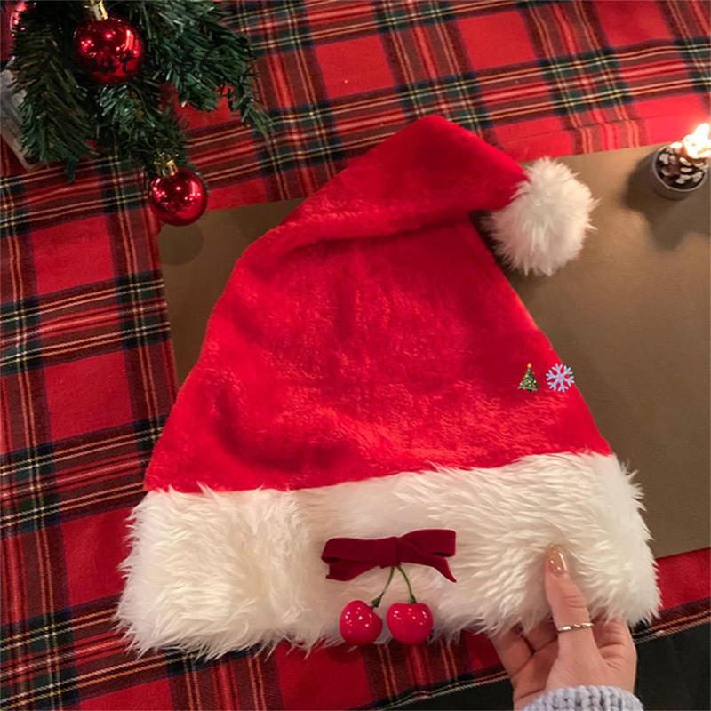 Plush Christmas Hats for Adults Cute Bow Cherry Santa Claus Hat Comfortable Holiday Cap