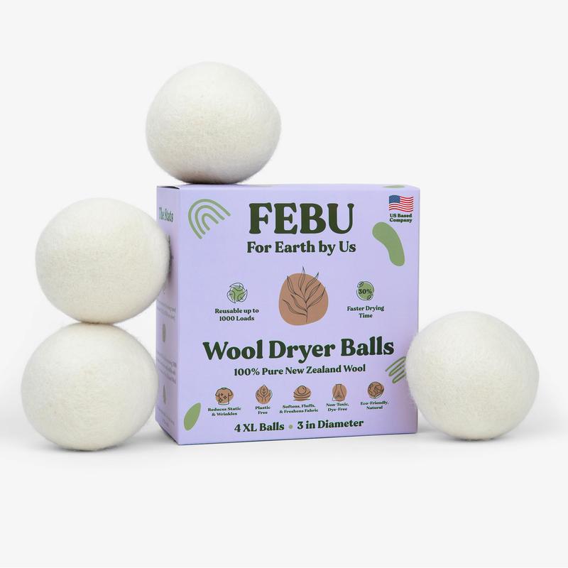 FEBU Wool Dryer Balls, 4-Pack, XL | 100% New Zealand Wool | Natural, Plastic-Free Reusable Fabric Softener for Laundry | Alternative to Dryer Sheets | Reduces Wrinkles, Shortens Drying Time, Zero Waste