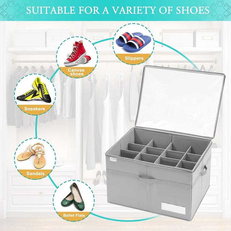 Shoe Organizer for Closet, Fits 16 Pairs, Large Shoe Box Storage Containers, Clear Foldable Shoe Storage Bins w Bottom Support, Space Saving Shoes Holder w Reinforced Handles