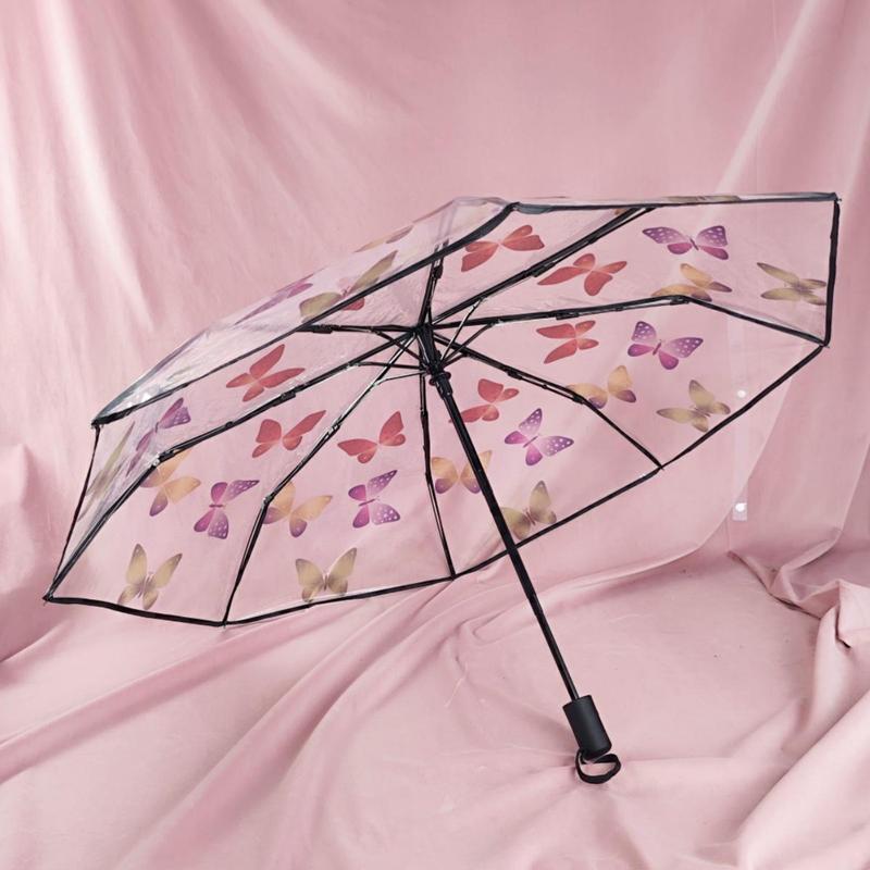 Butterfly Pattern Umbrella, 1 Count Transparent Automatic manual Triple Fold Umbrella, Suitable for Outdoor Photography & Street Photography