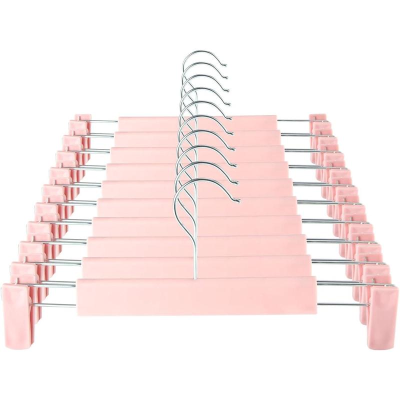 Clothes Pants Hangers, Space-Saving Skirt Holders with 360 ° Swivel Hooks, Adjustable Clips, Trouser Hangers, Clothes Coat Garment Jeans Hangers (10 Pack, Pink) Organiser Plastic Smooth Hanging