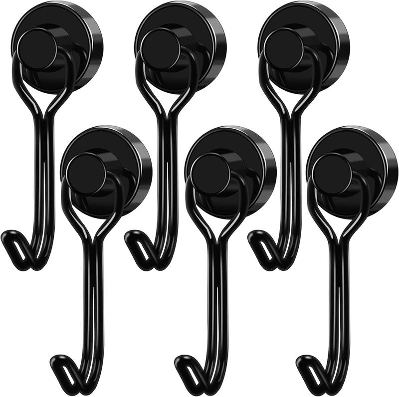 Strong Magnetic Hooks, 25 LBS Swivel Magnetic Hooks Cruise, Black Magnetic Hooks for Hanging, Grill, Cruise Cabins, Refrigerator, Kitchen, Door, Locker, Key and Calendar - Pack of 6 Organiser Decor Installation Iron