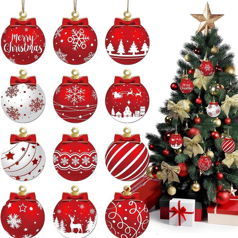 Christmas Ball Ornament, 12pcs set Wooden Hanging Ornament, Ball Shape Pendant for Xmas Home Indoor Decorations